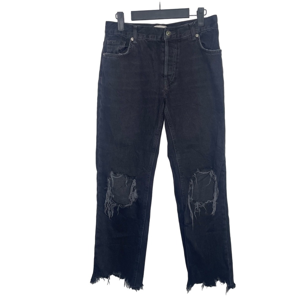 We The Free Free People Distressed Straight Leg Black Jeans Raw Hem Size 25